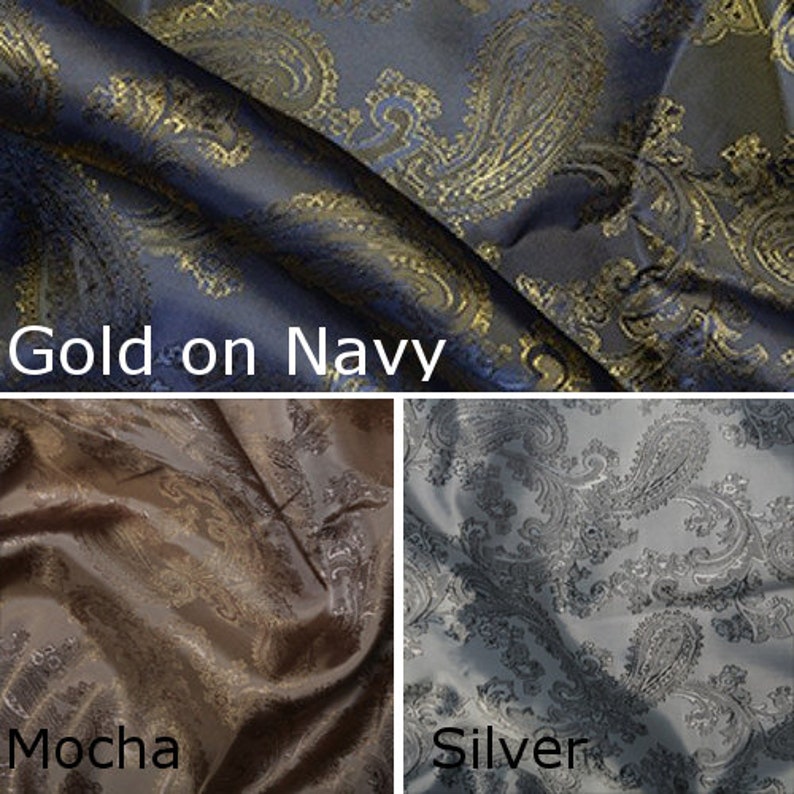 Pode incluir: Tr&ecirc;s amostras de tecido com padr&otilde;es paisley. A amostra superior &eacute; azul marinho com paisley dourado. A amostra do meio &eacute; marrom com paisley dourado. A amostra inferior &eacute; prata com paisley cinza. O texto "Gold on Navy", "Mocha" e "Silver" est&aacute; abaixo de cada amostra.