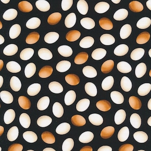 May include: A seamless pattern of white and brown eggs on a black background. The eggs are arranged in a random pattern and are slightly overlapping.