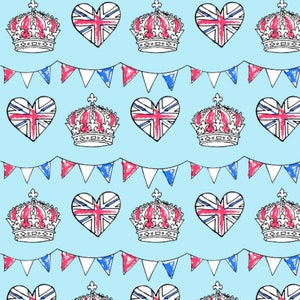 May include: A seamless pattern featuring alternating images of a red, white and blue heart with a Union Jack design and a white crown with red and blue accents. The background is light blue and there are red, white and blue bunting flags.