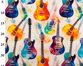 100% Cotton Poplin Fabric Rose & Hubble Watercolour Guitars 110cm Wide