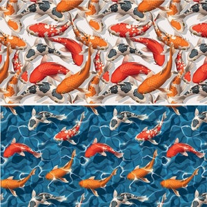 May include: Two seamless patterns featuring colorful koi fish swimming in a pond. The top pattern shows the fish swimming in a white background, while the bottom pattern shows the fish swimming in a blue background with ripples.