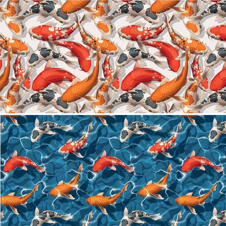 May include: Two seamless patterns featuring colorful koi fish swimming in a pond. The top pattern shows the fish swimming in a white background, while the bottom pattern shows the fish swimming in a blue background with ripples.