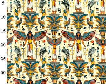May include: A repeating pattern featuring Egyptian figures with winged arms, set against a cream background. The design includes hieroglyphs, stylized birds, and decorative elements in shades of blue, orange, and gold. The overall theme is ancient Egyptian.