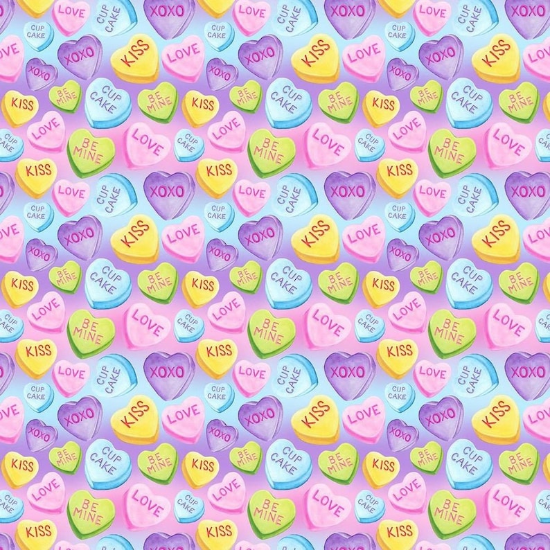 May include: A seamless pattern of colorful heart-shaped candies with various Valentine's Day messages, including "Love", "Kiss", "Cupcake", "Be Mine", "XOXO". The candies are on a light purple background.