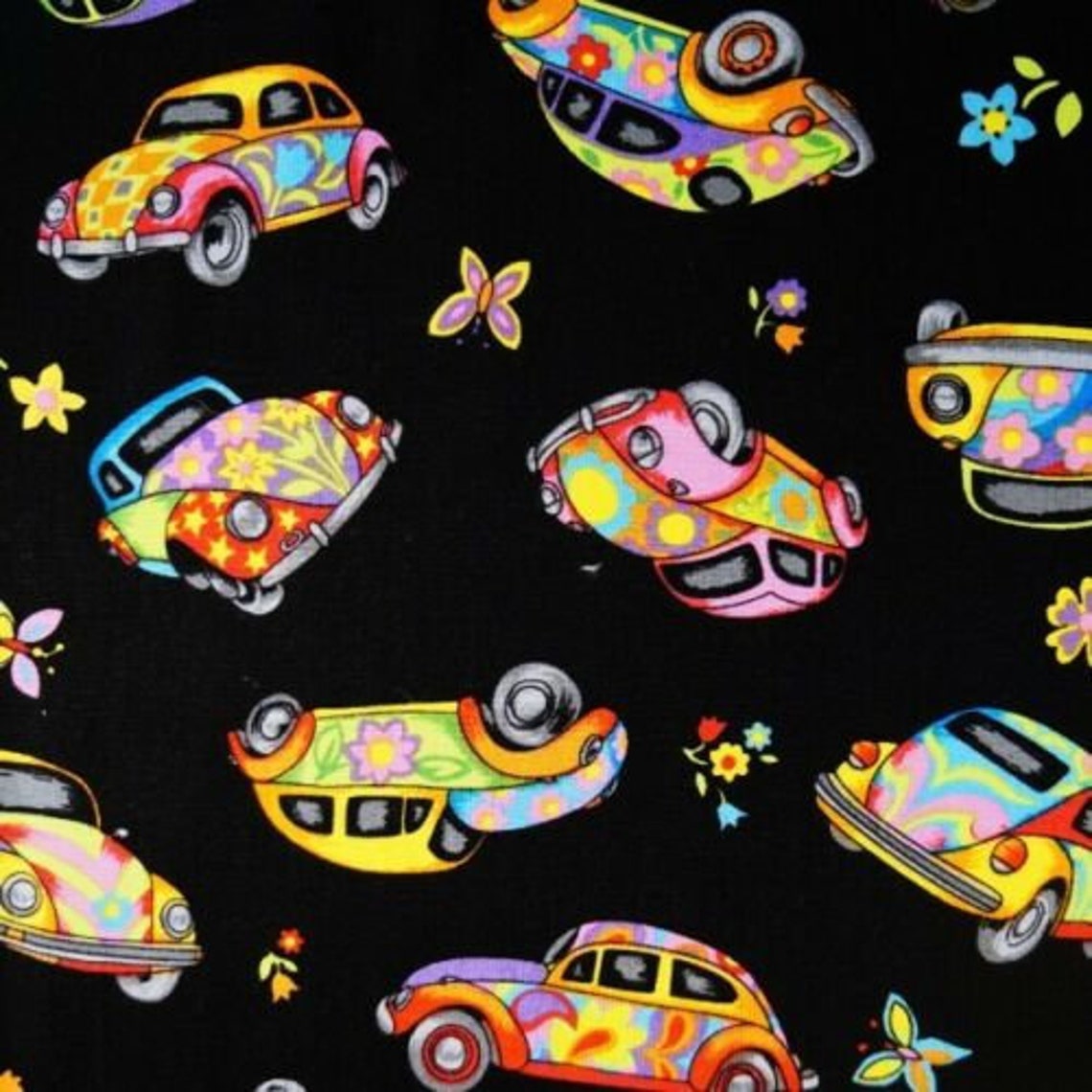 100 Cotton Fabric Nutex Retro Herbie VW Beetle Car Flower Etsy