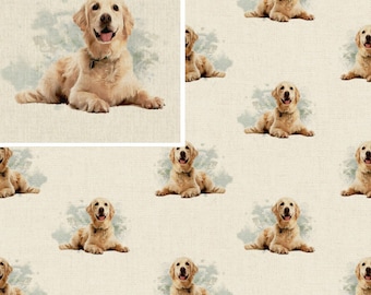 Cotton Rich Linen Look Fabric Golden Retriever Dog Or Panel Upholstery