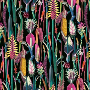 Italian Soft Plush Velvet Digital Print Fabric Botanical Floral Flowers Black 150cm Wide 画像 2