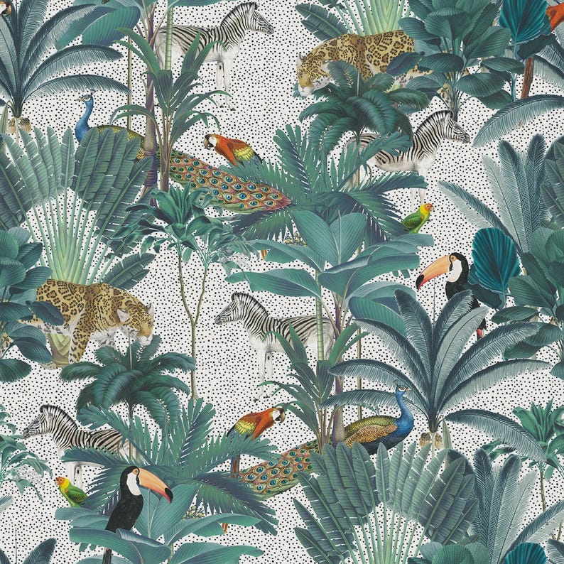 Tela italiana de felpa suave con estampado digital de animales de safari y palmeras, 150 cm de ancho. imagen 2