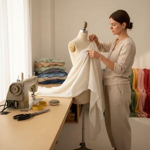 A woman is working on a dress form in a sewing workshop, surrounded by sewing supplies and fabric.