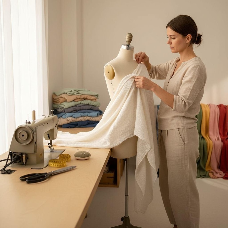 A woman is working on a dress form in a sewing workshop, surrounded by sewing supplies and fabric.