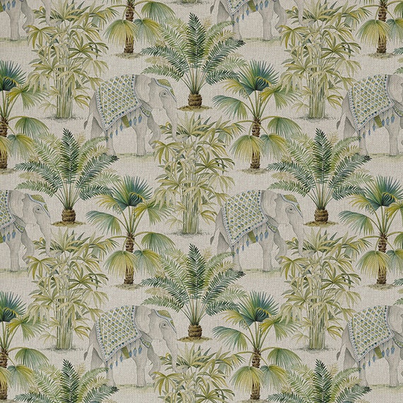 Cotton Rich Linen Look Fabric Digital Jaipur Indian Elephant Palm 140cm Wide