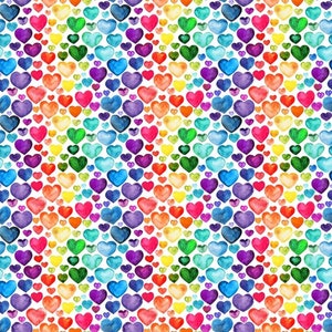 May include: A repeating pattern of watercolor hearts in a rainbow of colors, including red, orange, yellow, green, blue, and purple. The hearts are arranged closely together on a white background, creating a vibrant and cheerful design.