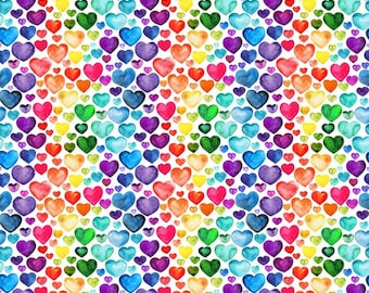 100% Cotton Digital Fabric Rainbow Love Hearts Valentines Crafty 140cm Wide