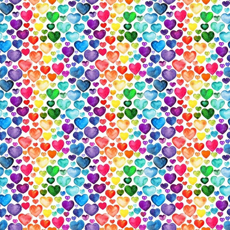 May include: A repeating pattern of watercolor hearts in a rainbow of colors, including red, orange, yellow, green, blue, and purple. The hearts are arranged closely together on a white background, creating a vibrant and cheerful design.