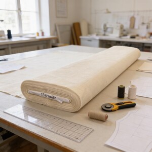A large roll of fabric is displayed on a table, surrounded by sewing tools and materials, indicating a sewing or crafting workspace.