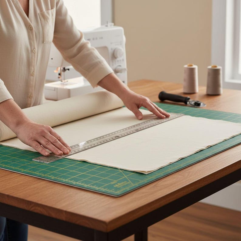 A person is using a ruler and a green cutting mat to measure and cut fabric on a table.