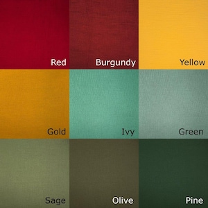 nine squares, each with a different color and a label indicating the color of the fabric. The colors are Red, Burgundy, Yellow, Gold, Ivy, Green, Sage, Olive, and Pine.