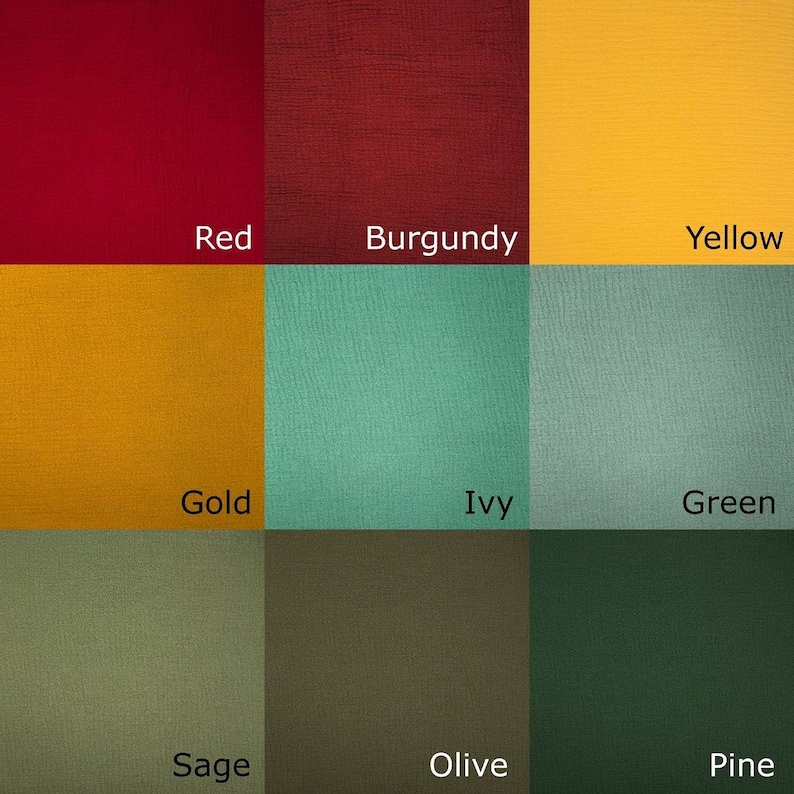 nine squares, each with a different color and a label indicating the color of the fabric. The colors are Red, Burgundy, Yellow, Gold, Ivy, Green, Sage, Olive, and Pine.