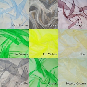 The image is a collage of nine fabric swatches, each representing a different color and texture. The swatches include cornflower blue, cream, damson pink, flo green, flo yellow, gold, graphite green, green, and heavy cream.