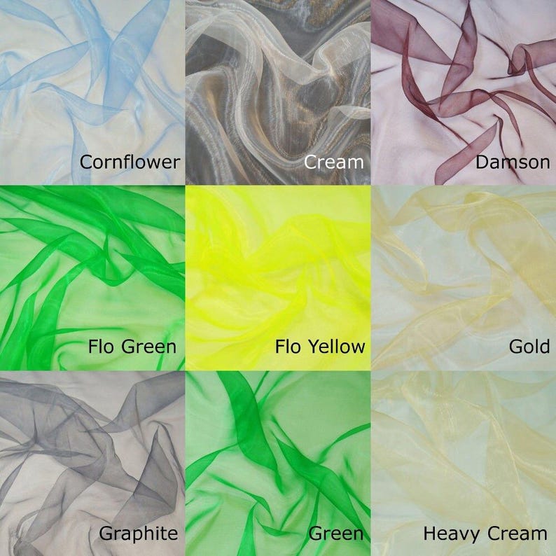 The image is a collage of nine fabric swatches, each representing a different color and texture. The swatches include cornflower blue, cream, damson pink, flo green, flo yellow, gold, graphite green, green, and heavy cream.