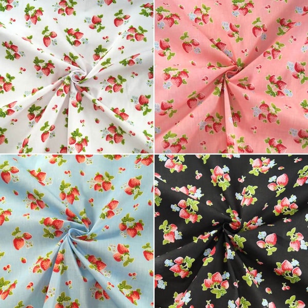 Polycotton Fabric Strawberries Fruit Mini Flowers Strawberry Picnic