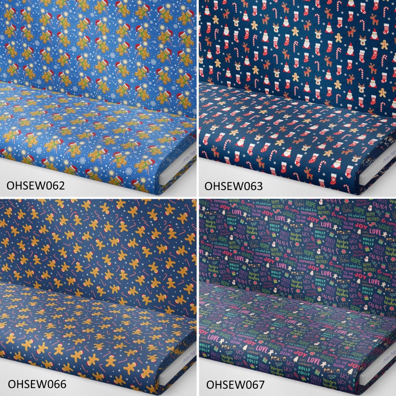 K&ouml;nnte beinhalten: Vier verschiedene Stoffmuster mit Weihnachtsmotiven. Der obere linke Stoff zeigt einen blauen Hintergrund mit Lebkuchenm&auml;nnern und Schneeflocken. Der obere rechte Stoff zeigt einen blauen Hintergrund mit Weihnachtsmann, Zuckerstangen und Str&uuml;mpfen. Der untere linke Stoff zeigt einen blauen Hintergrund mit Lebkuchenm&auml;nnern. Der untere rechte Stoff zeigt einen blauen Hintergrund mit verschiedenen weihnachtlichen W&ouml;rtern und Phrasen.