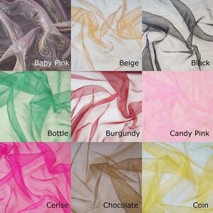 a collage of nine fabric swatches, each with a different color and pattern, arranged in a 3x3 grid. The swatches include Baby Pink, Beige, Black, Burgundy, Candy Pink, Cerise, Chocolate, and Coin.