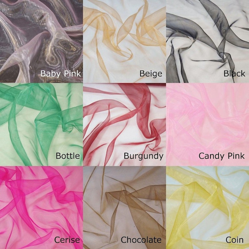 a collage of nine fabric swatches, each with a different color and pattern, arranged in a 3x3 grid. The swatches include Baby Pink, Beige, Black, Burgundy, Candy Pink, Cerise, Chocolate, and Coin.