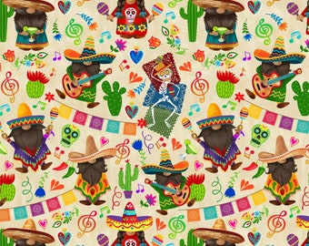 May include: A colorful pattern featuring gnomes wearing sombreros and playing musical instruments. The background is a beige color with various festive decorations, including hearts, musical notes, and cacti.