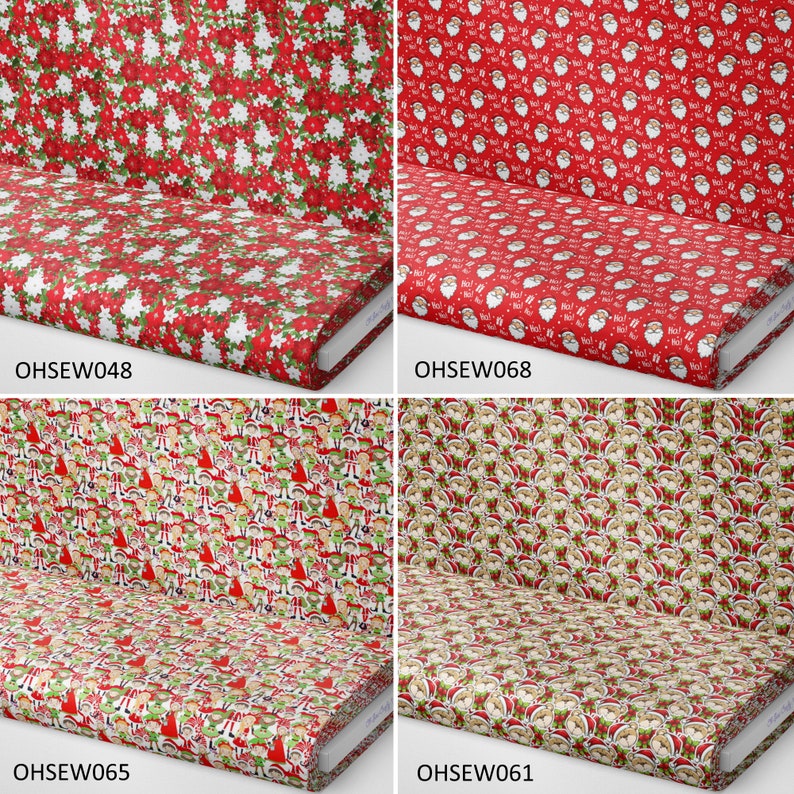 K&ouml;nnte beinhalten: Vier verschiedene rote und wei&szlig;e Weihnachtsstoffdrucke. Der erste Druck zeigt einen roten Hintergrund mit wei&szlig;en Weihnachtssternen und Schneeflocken. Der zweite Druck zeigt einen roten Hintergrund mit einem sich wiederholenden Muster von Weihnachtsmann-Gesichtern. Der dritte Druck zeigt einen roten Hintergrund mit einem sich wiederholenden Muster von Elfen. Der vierte Druck zeigt einen roten Hintergrund mit einem sich wiederholenden Muster von Weihnachtsmann-Gesichtern.