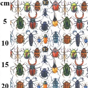 May include: A white fabric with a repeating pattern of colourful beetles. The beetles are drawn in a watercolour style and feature various colours, including red, green, blue, orange, and black.