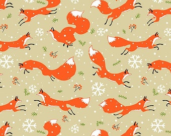 May include: A seamless pattern featuring orange foxes running through a snowy landscape. The background is a light beige colour with white snowflakes and green pine branches.