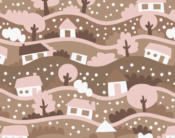 Polycotton Fabric Christmas Snow Globe Festive Winter Houses Xmas