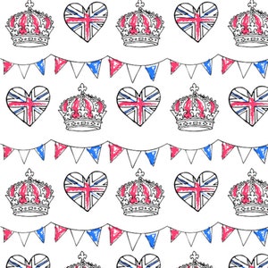 May include: A seamless pattern featuring red, white and blue hearts with the Union Jack flag design, crowns and bunting flags. The pattern is perfect for a patriotic theme.
