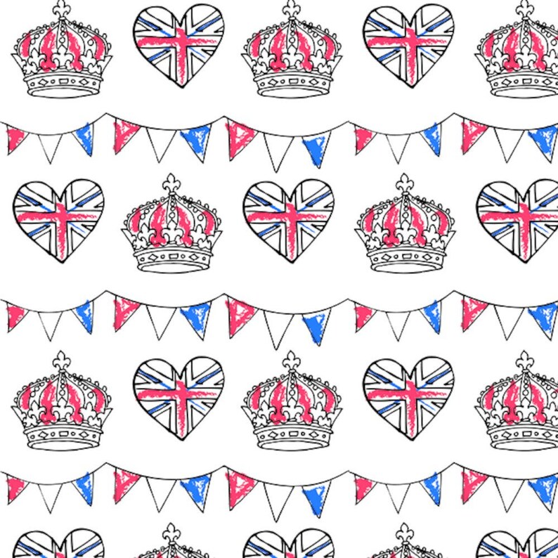 May include: A seamless pattern featuring red, white and blue hearts with the Union Jack flag design, crowns and bunting flags. The pattern is perfect for a patriotic theme.