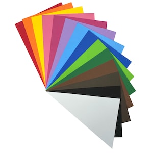 May include: A fan of 14 different coloured sheets of paper. The colours are red, orange, yellow, pink, purple, blue, light blue, green, dark green, brown, black, white, grey, and dark grey.
