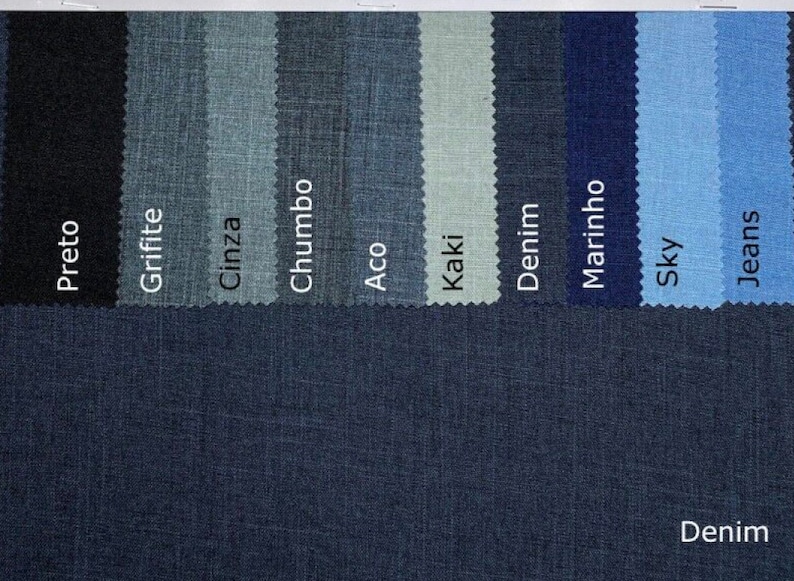 May include: A fabric swatch card showing ten different denim colors, including black, gray, blue, and light blue. The colors are labeled in Portuguese. The card is labeled "Denim" at the bottom.