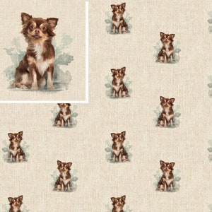 May include: A seamless pattern featuring a brown and white chihuahua dog sitting on a light beige background. The dog is depicted in a watercolor style with a soft, blurred effect.