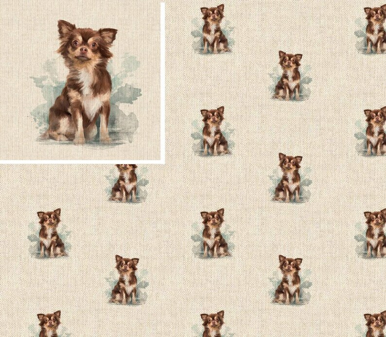 May include: A seamless pattern featuring a brown and white chihuahua dog sitting on a light beige background. The dog is depicted in a watercolor style with a soft, blurred effect.