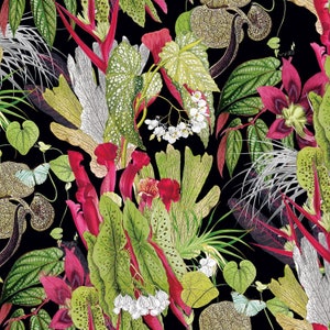 Italian Soft Plush Velvet Digital Print Fabric Exotic Floral Flowers Black 150cm Wide