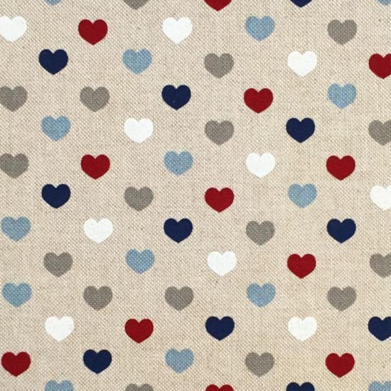Cotton Rich Linen Look Fabric Nautical Multi Love Hearts Upholstery image 2
