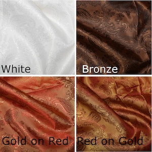 Pode incluir: Quatro amostras de tecido em diferentes cores e padr&otilde;es. As amostras s&atilde;o brancas com um padr&atilde;o paisley, marrom com um padr&atilde;o paisley, vermelho com um padr&atilde;o paisley dourado e dourado com um padr&atilde;o paisley vermelho. As amostras s&atilde;o etiquetadas como "Branco", "Bronze", "Dourado sobre vermelho" e "Vermelho sobre dourado".