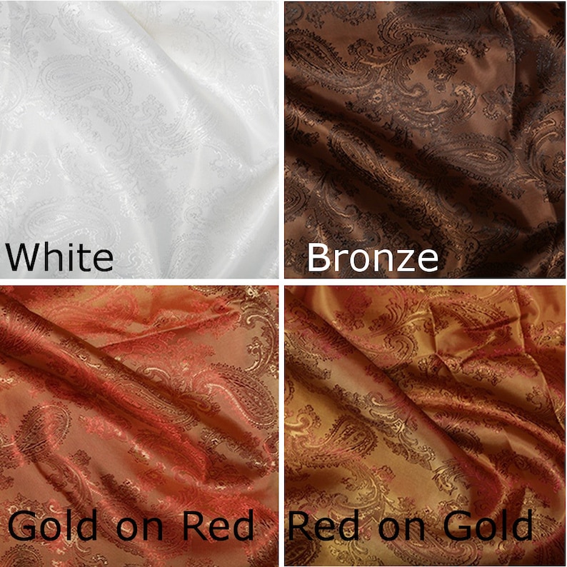 Pode incluir: Quatro amostras de tecido em diferentes cores e padr&otilde;es. As amostras s&atilde;o brancas com um padr&atilde;o paisley, marrom com um padr&atilde;o paisley, vermelho com um padr&atilde;o paisley dourado e dourado com um padr&atilde;o paisley vermelho. As amostras s&atilde;o etiquetadas como "Branco", "Bronze", "Dourado sobre vermelho" e "Vermelho sobre dourado".