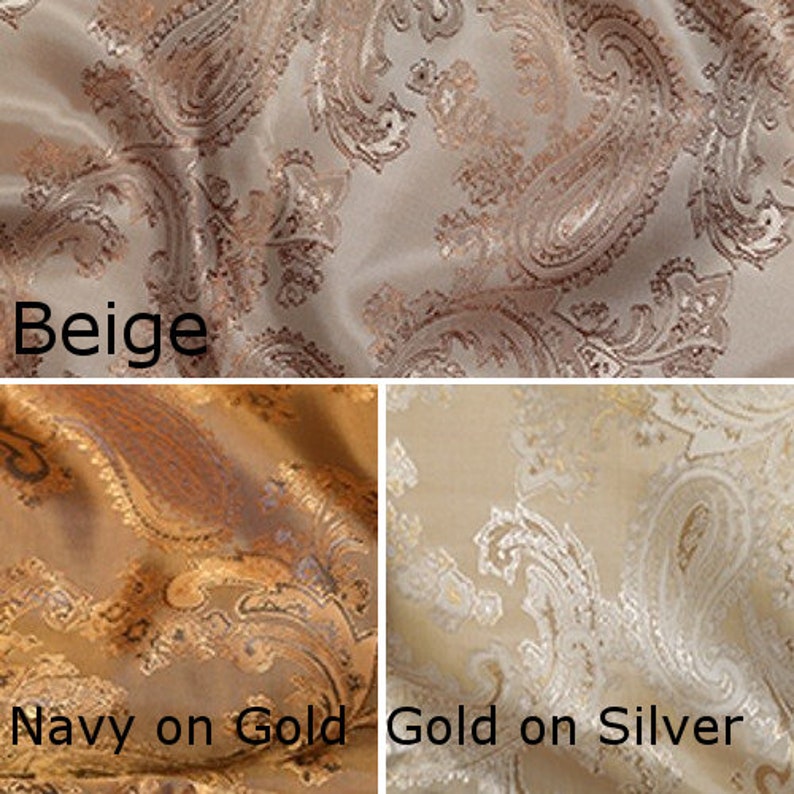 Pode incluir: Tr&ecirc;s amostras de tecido com padr&otilde;es paisley. A primeira amostra &eacute; bege com um padr&atilde;o paisley marrom. A segunda amostra &eacute; dourada com um padr&atilde;o paisley azul marinho. A terceira amostra &eacute; prateada com um padr&atilde;o paisley dourado.
