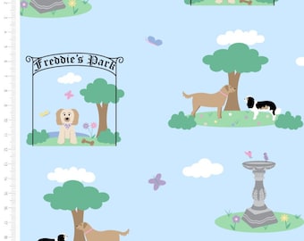 100% Cotton Fabric Freddie & Friends Dog Puppy Park Butterfly Wildlife