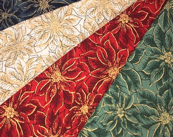 100% Cotton Poplin Fabric Christmas Poinsettia Bunched Festive Xmas 135cm Wide