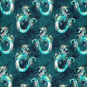 May include: A teal blue fabric with a repeating pattern of iridescent seahorses. The seahorses are facing right and have a light blue, green, and purple color scheme.