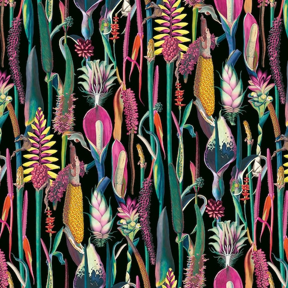 Italian Soft Plush Velvet Digital Print Fabric Botanical Floral Flowers Black 150cm Wide