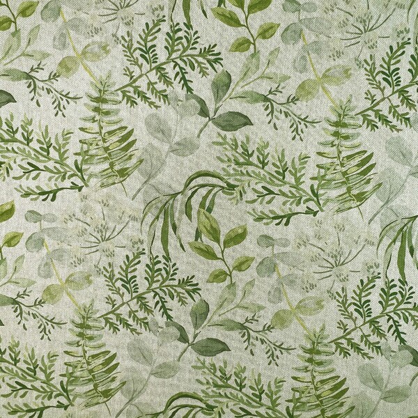 Cotton Rich Linen Look Digital Fabric Green and Grey Flower Floral Leaves Garden