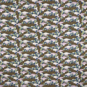 May include: A repeating pattern of brown bats flying over pink flowers on a blue background.